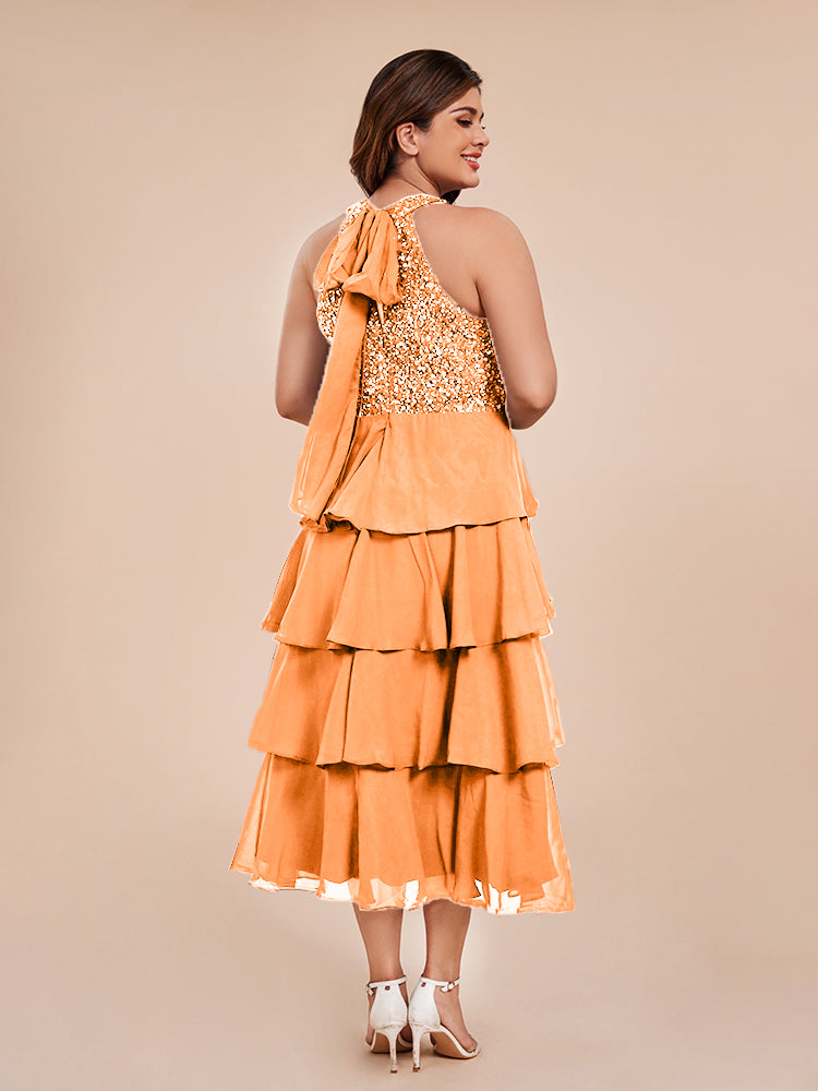 A Line Halter Delicate Beaded Top Layered Chiffon Mother of the Bride Dress