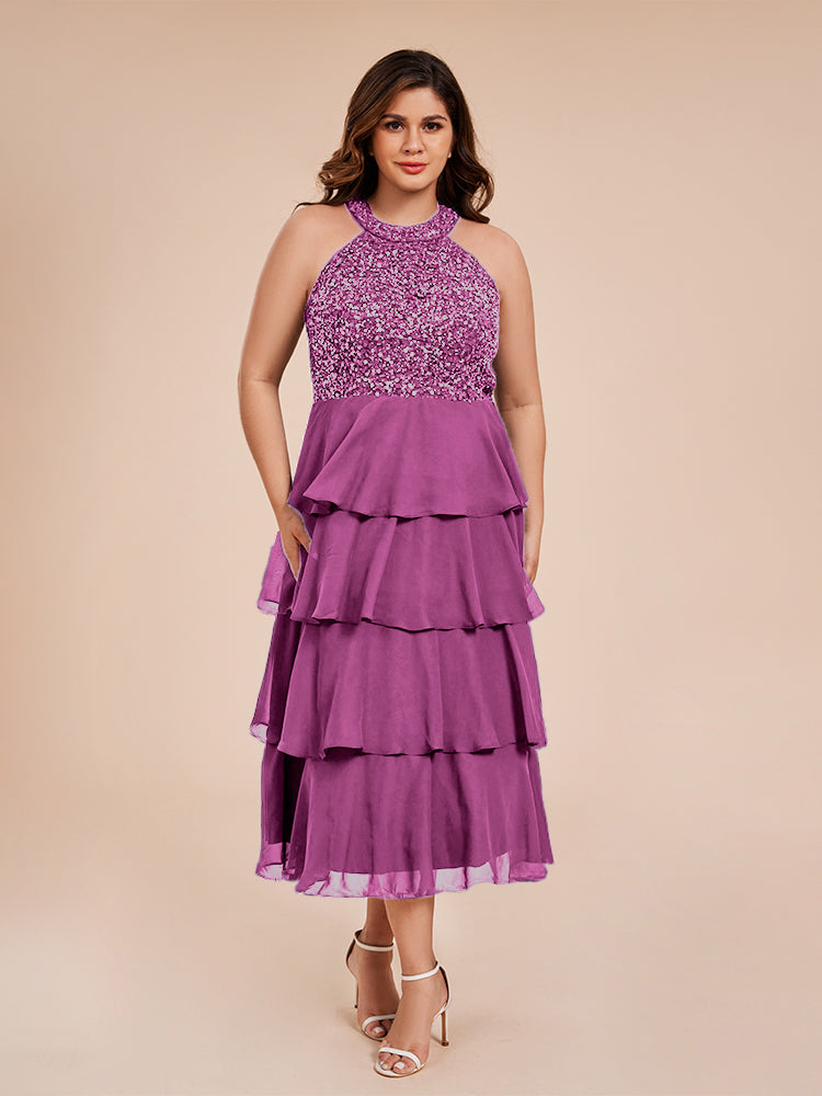 A Line Halter Delicate Beaded Top Layered Chiffon Mother of the Groom Dress