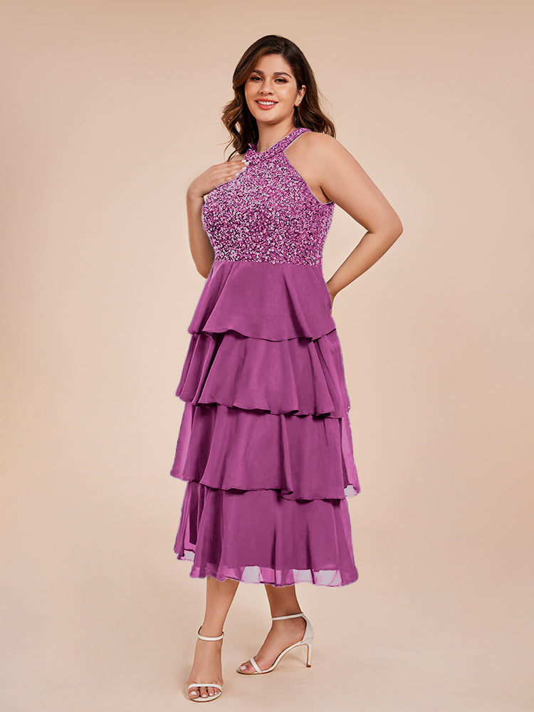 A Line Halter Delicate Beaded Top Layered Chiffon Mother of the Bride Dress