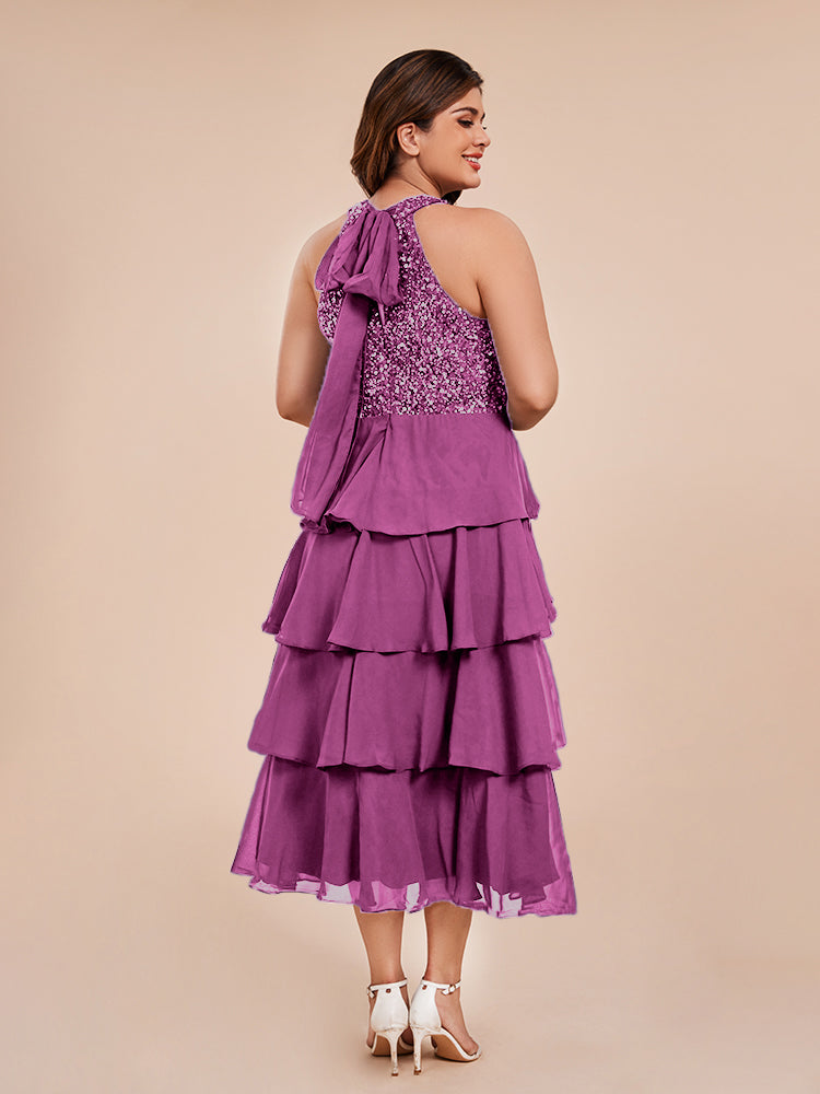A Line Halter Delicate Beaded Top Layered Chiffon Mother of the Bride Dress