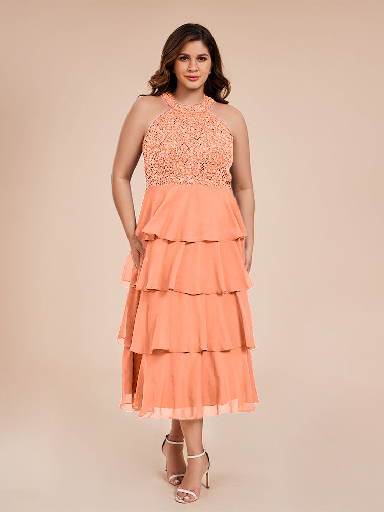 A Line Halter Delicate Beaded Top Layered Chiffon Mother of the Groom Dress