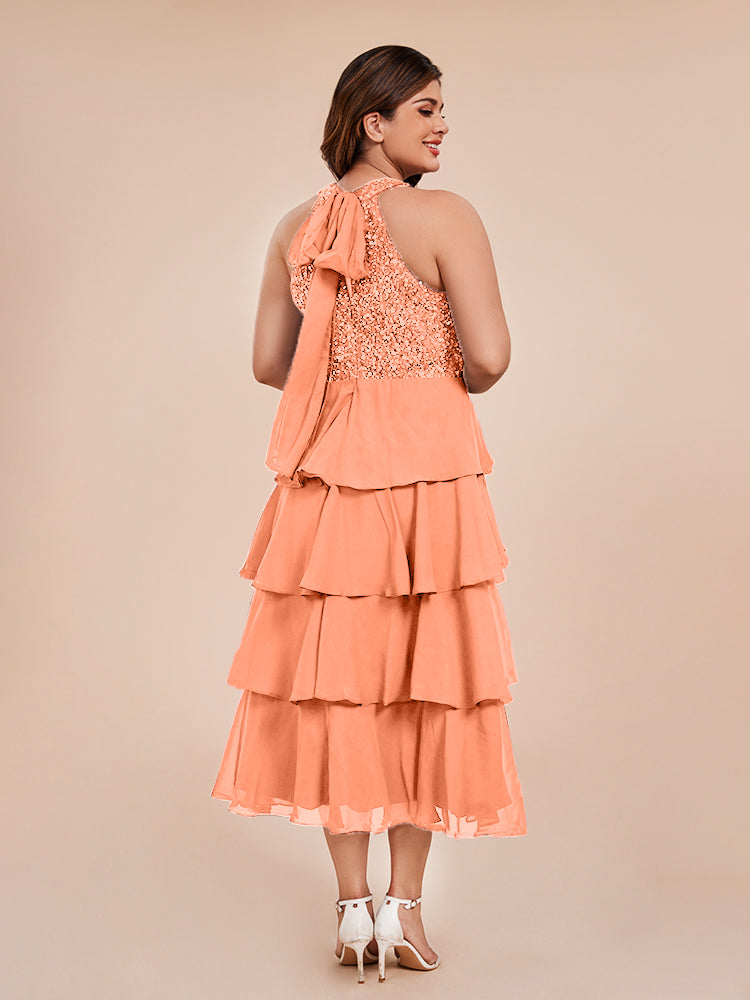 A Line Halter Delicate Beaded Top Layered Chiffon Mother of the Bride Dress