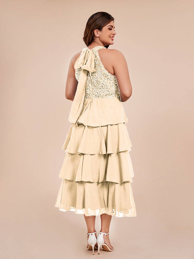 A Line Halter Delicate Beaded Top Layered Chiffon Mother of the Bride Dress