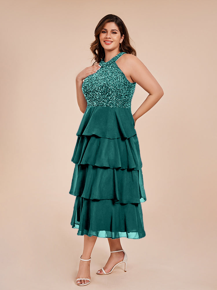 A Line Halter Delicate Beaded Top Layered Chiffon Mother of the Bride Dress