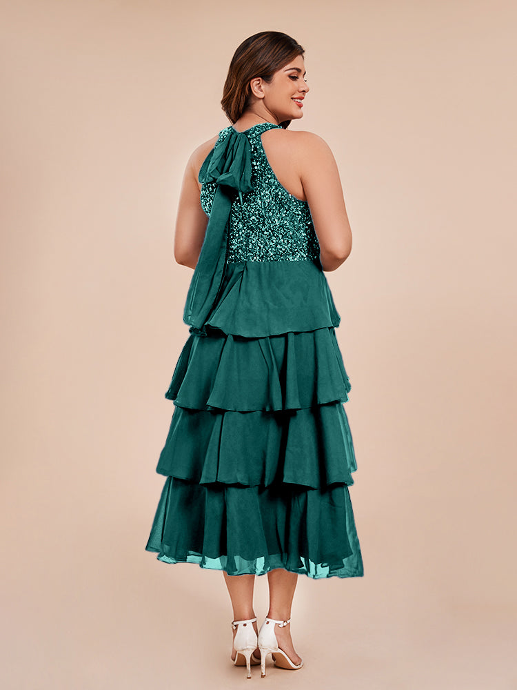 A Line Halter Delicate Beaded Top Layered Chiffon Mother of the Bride Dress