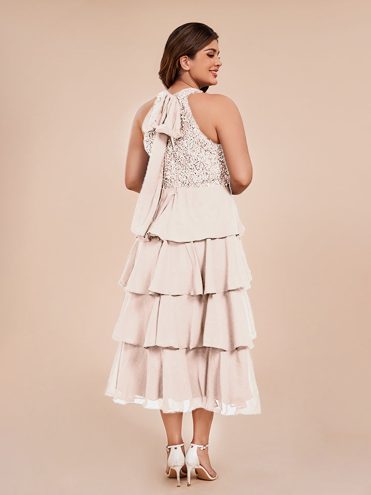 A Line Halter Delicate Beaded Top Layered Chiffon Mother of the Bride Dress