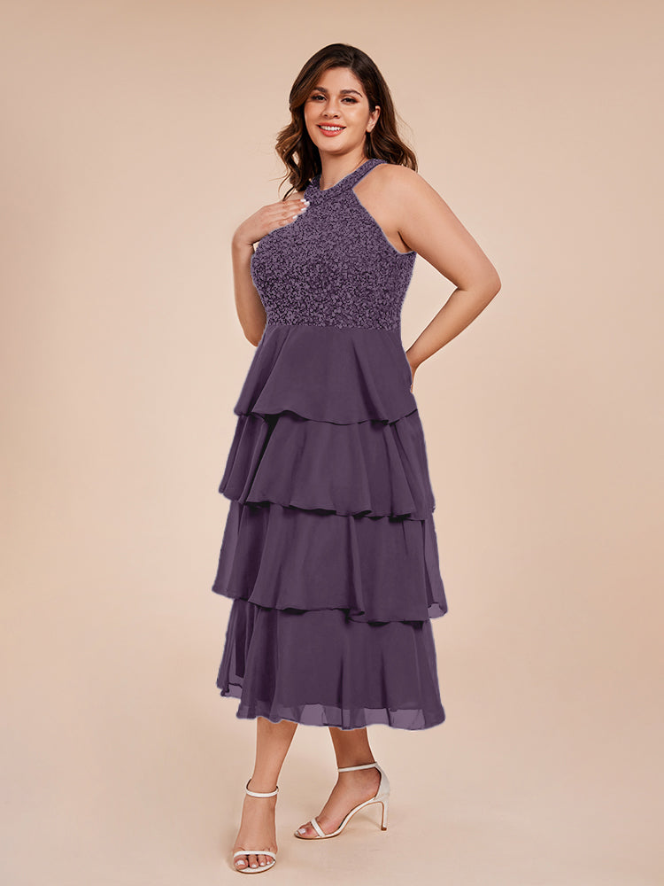 A Line Halter Delicate Beaded Top Layered Chiffon Mother of the Bride Dress