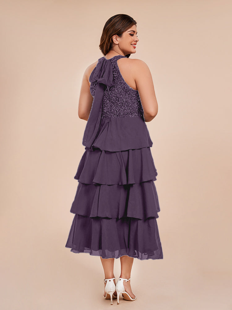 A Line Halter Delicate Beaded Top Layered Chiffon Mother of the Groom Dress