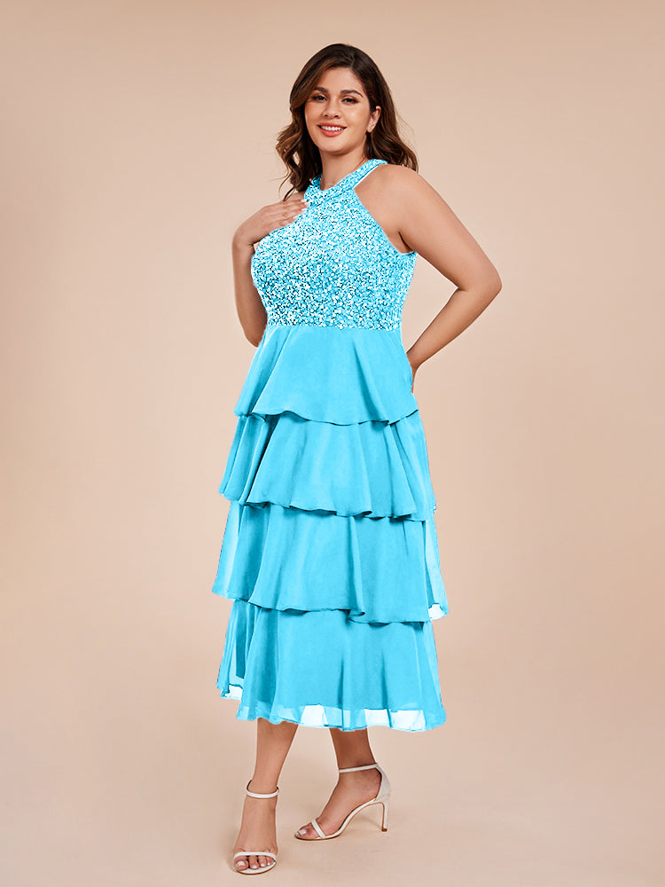 A Line Halter Delicate Beaded Top Layered Chiffon Mother of the Bride Dress