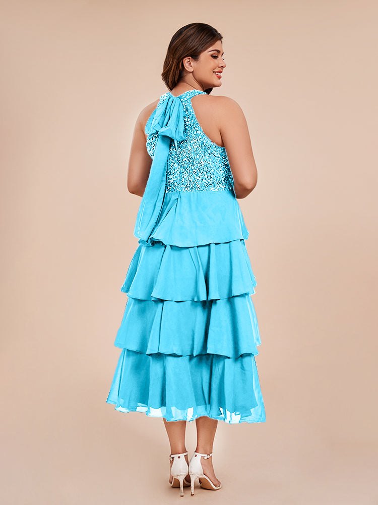 A Line Halter Delicate Beaded Top Layered Chiffon Mother of the Groom Dress