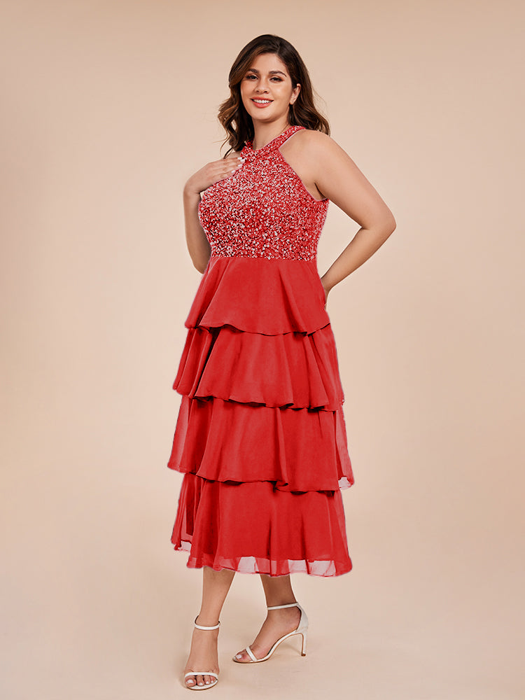 A Line Halter Delicate Beaded Top Layered Chiffon Mother of the Bride Dress