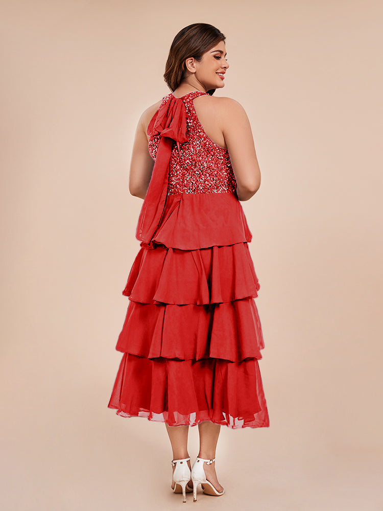 A Line Halter Delicate Beaded Top Layered Chiffon Mother of the Bride Dress