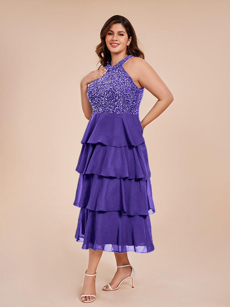 A Line Halter Delicate Beaded Top Layered Chiffon Mother of the Bride Dress