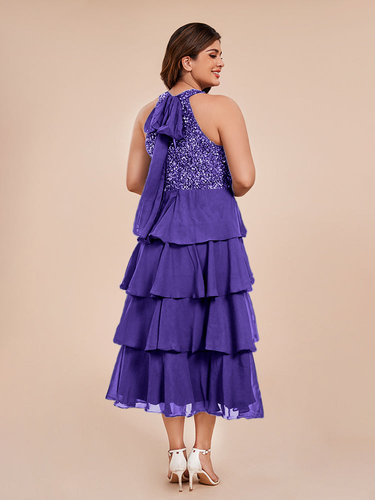 A Line Halter Delicate Beaded Top Layered Chiffon Mother of the Bride Dress