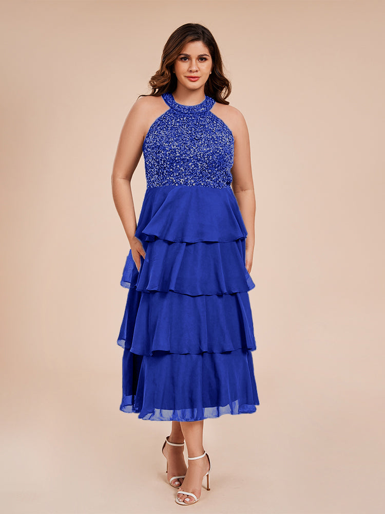 A Line Halter Delicate Beaded Top Layered Chiffon Mother of the Groom Dress