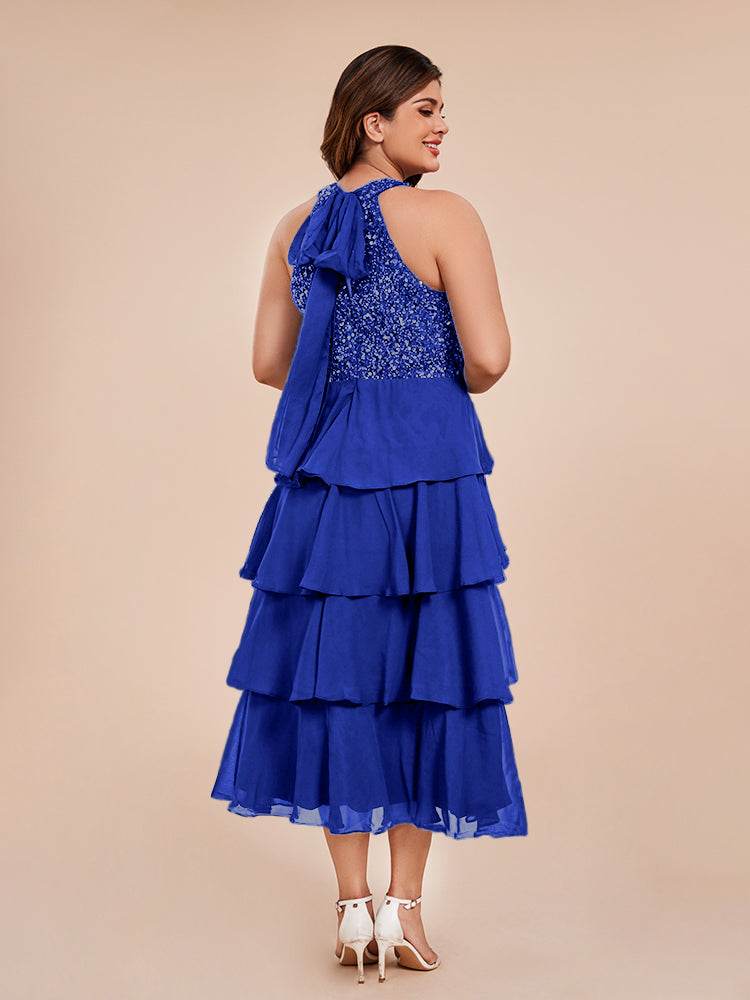 A Line Halter Delicate Beaded Top Layered Chiffon Mother of the Bride Dress