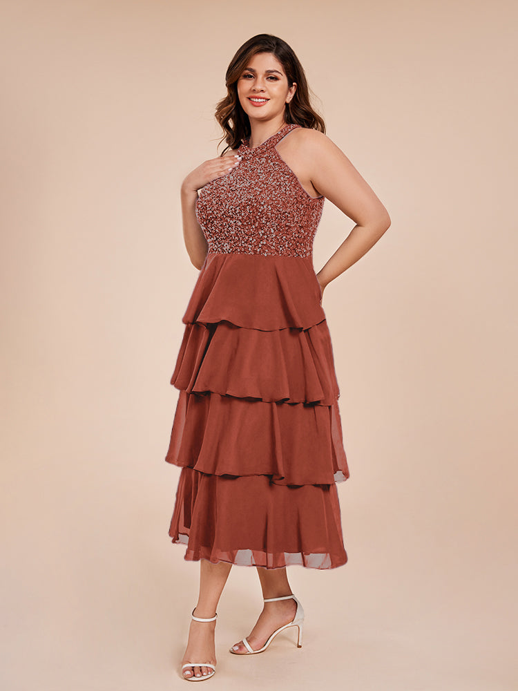 A Line Halter Delicate Beaded Top Layered Chiffon Mother of the Bride Dress