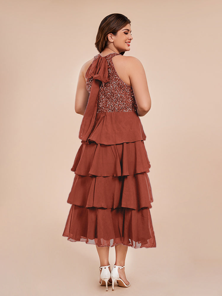 A Line Halter Delicate Beaded Top Layered Chiffon Mother of the Bride Dress