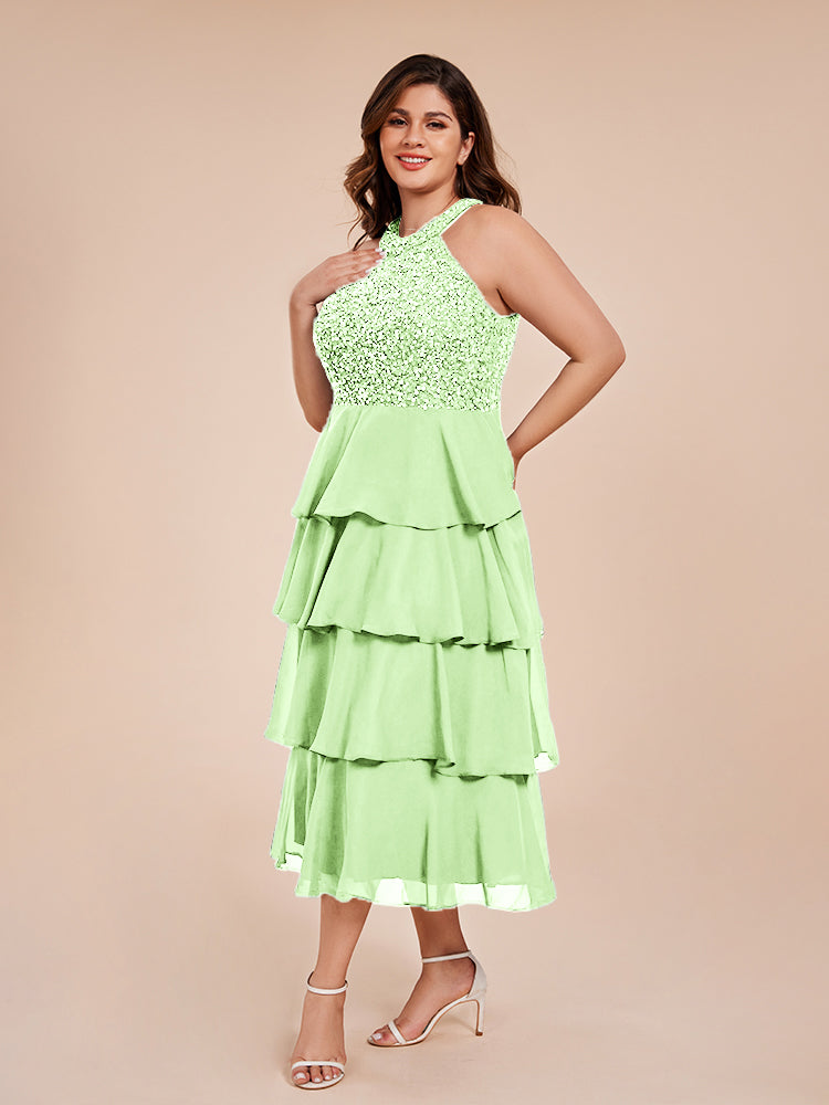 A Line Halter Delicate Beaded Top Layered Chiffon Mother of the Bride Dress