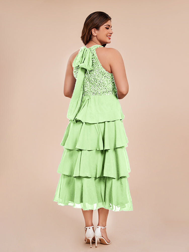 A Line Halter Delicate Beaded Top Layered Chiffon Mother of the Groom Dress