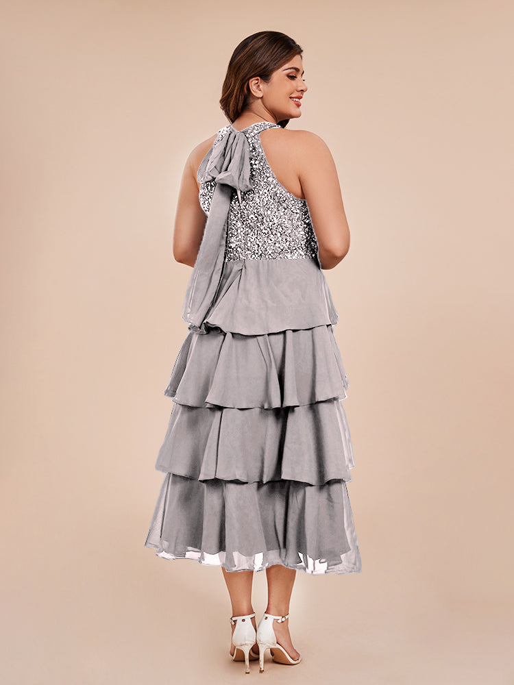 A Line Halter Delicate Beaded Top Layered Chiffon Mother of the Bride Dress
