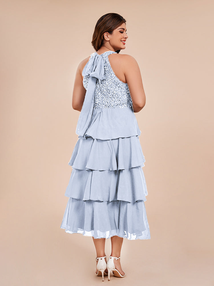 A Line Halter Delicate Beaded Top Layered Chiffon Mother of the Bride Dress