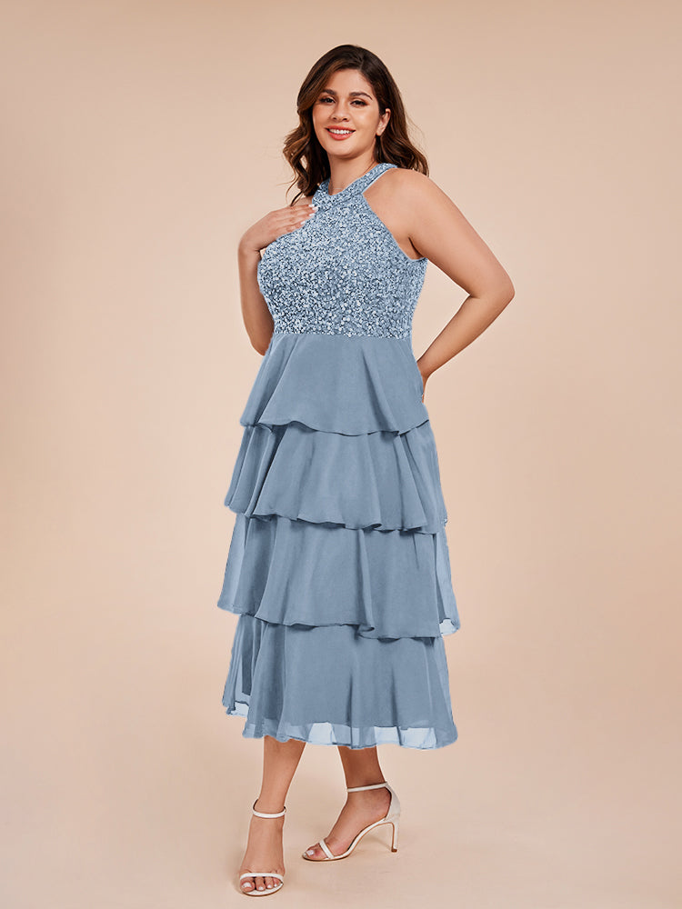 A Line Halter Delicate Beaded Top Layered Chiffon Mother of the Bride Dress