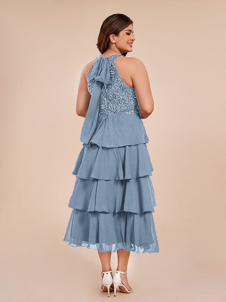 A Line Halter Delicate Beaded Top Layered Chiffon Mother of the Bride Dress