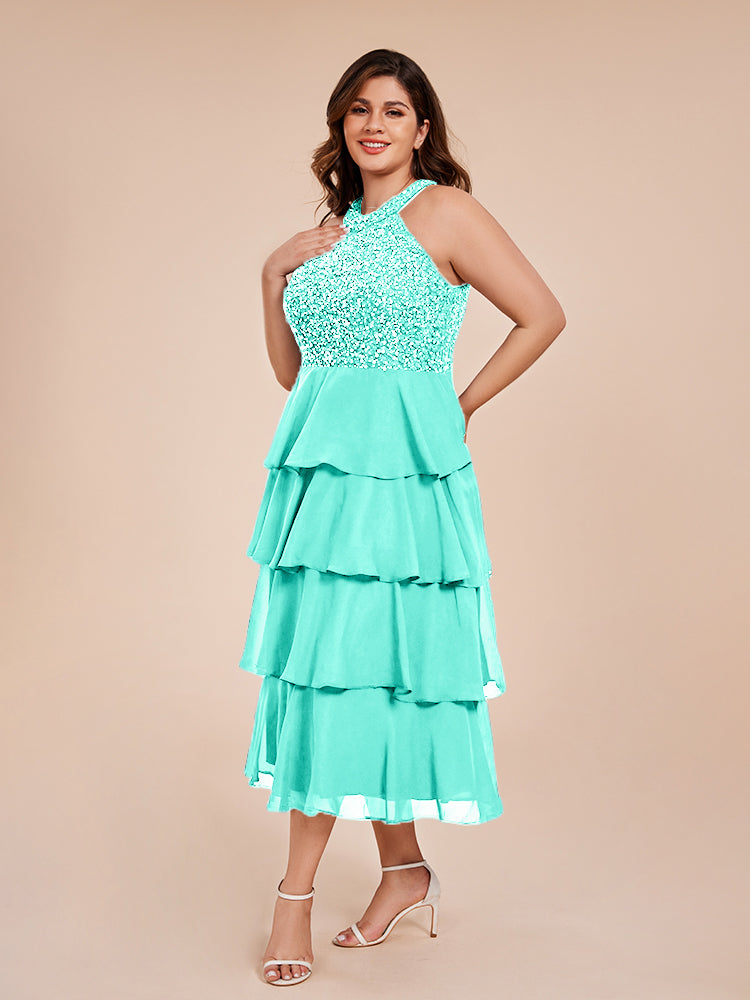 A Line Halter Delicate Beaded Top Layered Chiffon Mother of the Bride Dress