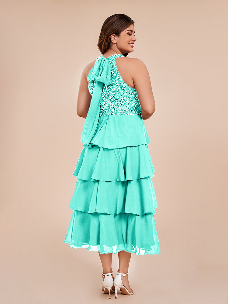 A Line Halter Delicate Beaded Top Layered Chiffon Mother of the Bride Dress