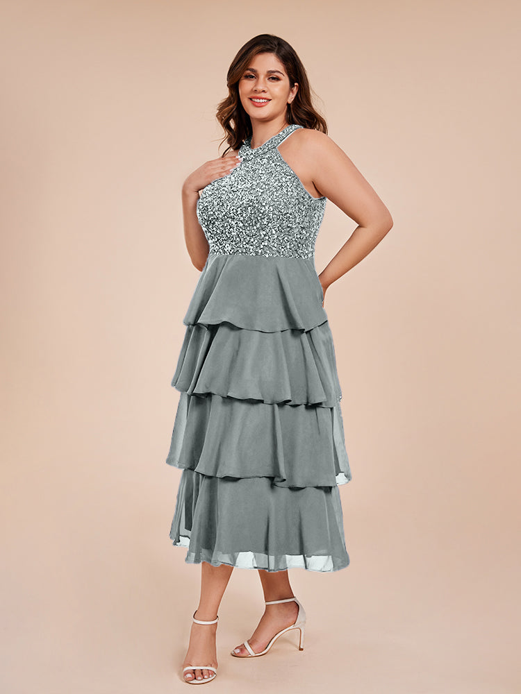 A Line Halter Delicate Beaded Top Layered Chiffon Mother of the Groom Dress