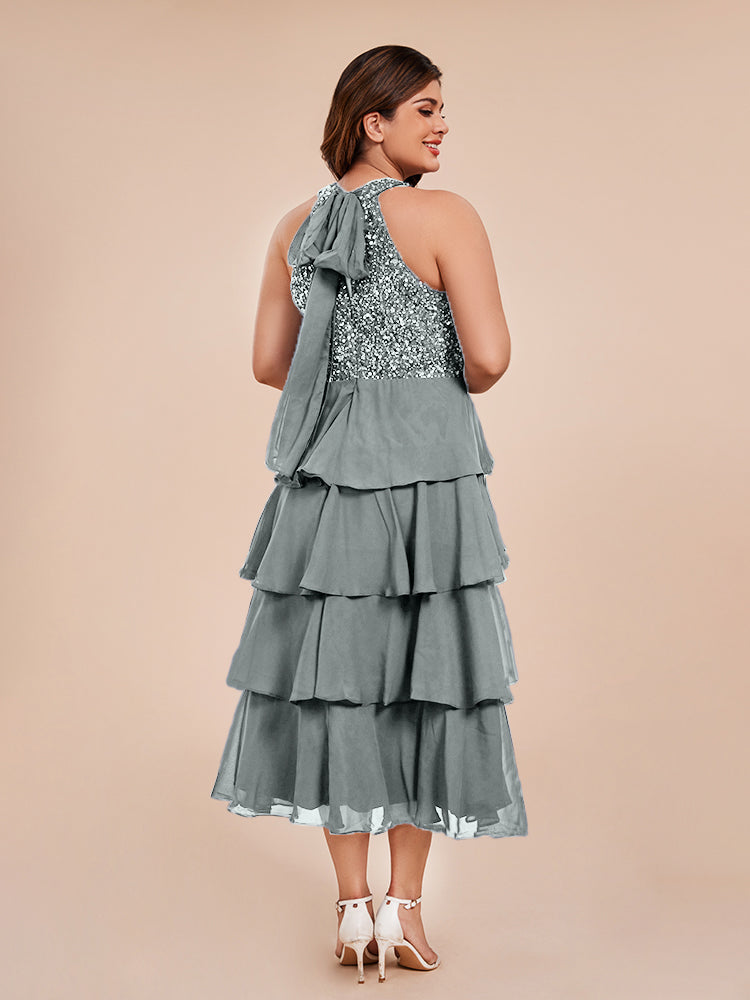 A Line Halter Delicate Beaded Top Layered Chiffon Mother of the Bride Dress