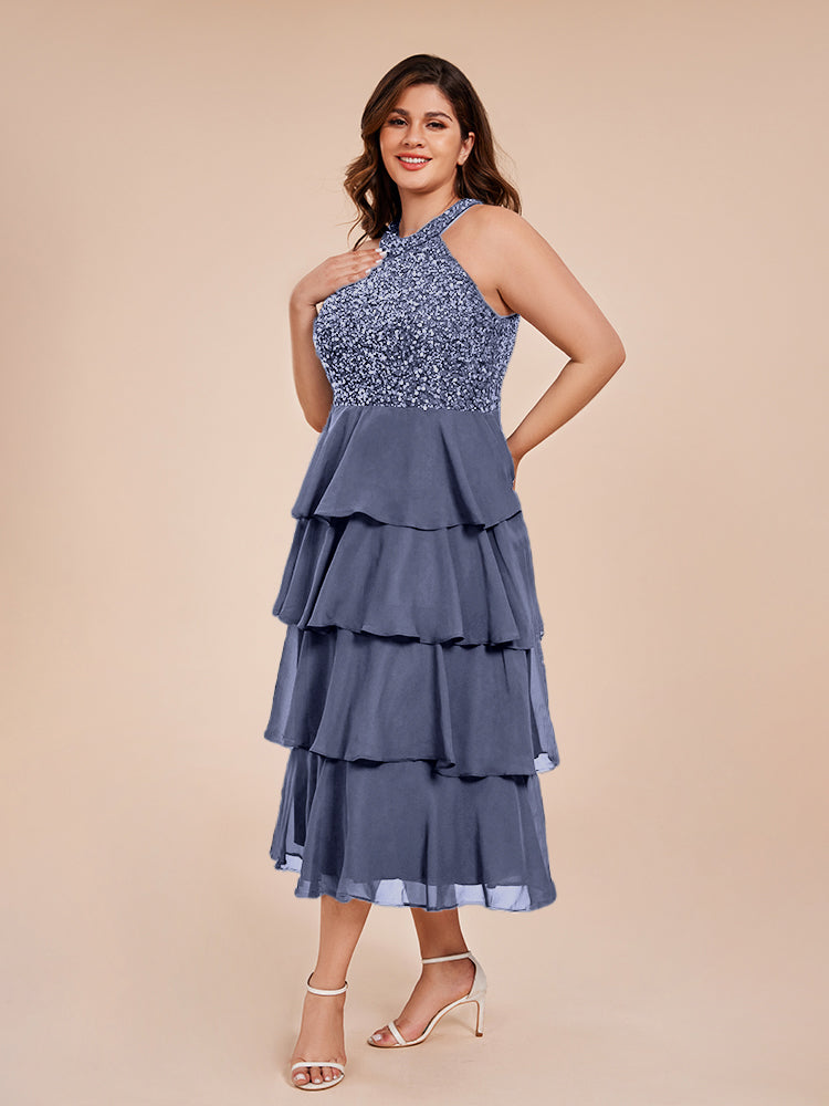 A Line Halter Delicate Beaded Top Layered Chiffon Mother of the Bride Dress