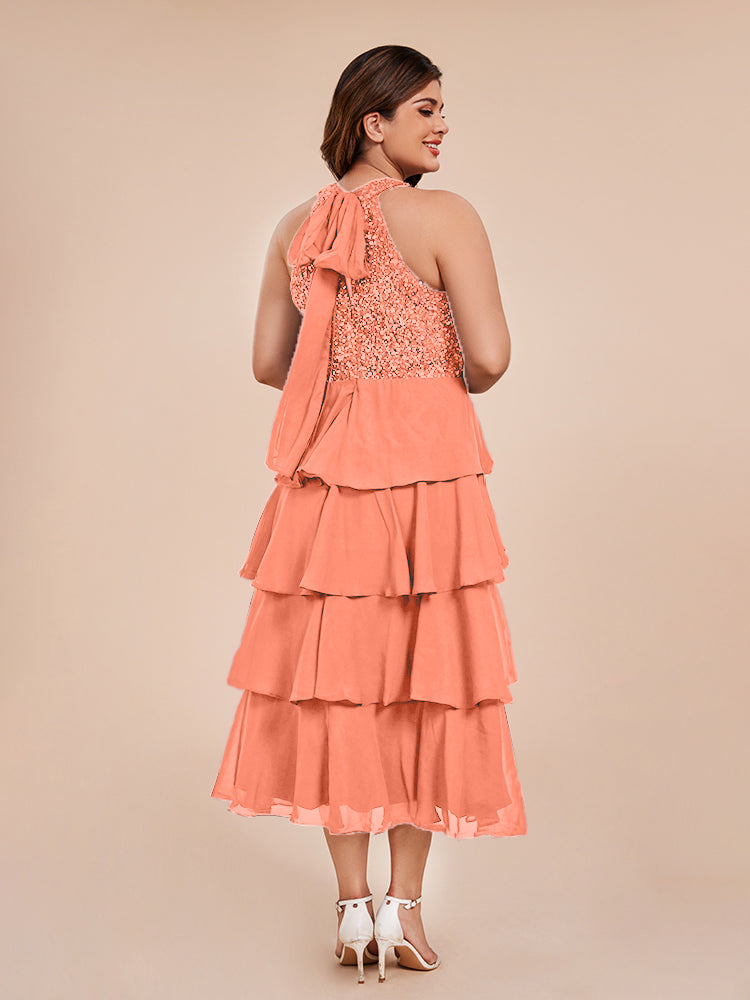 A Line Halter Delicate Beaded Top Layered Chiffon Mother of the Bride Dress