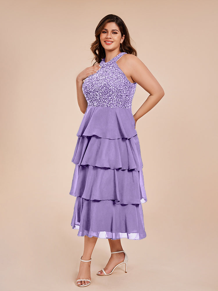 A Line Halter Delicate Beaded Top Layered Chiffon Mother of the Bride Dress