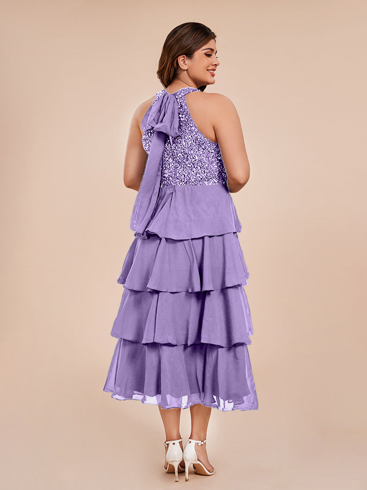 A Line Halter Delicate Beaded Top Layered Chiffon Mother of the Bride Dress