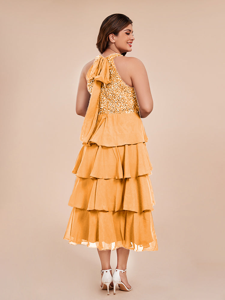 A Line Halter Delicate Beaded Top Layered Chiffon Mother of the Bride Dress