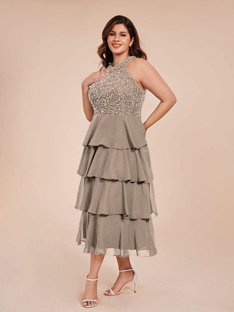 A Line Halter Delicate Beaded Top Layered Chiffon Mother of the Bride Dress