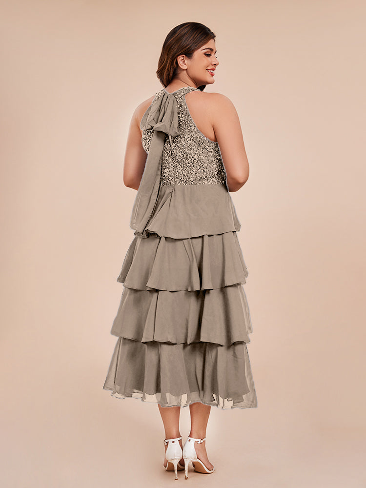A Line Halter Delicate Beaded Top Layered Chiffon Mother of the Bride Dress