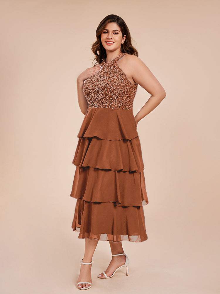 A Line Halter Delicate Beaded Top Layered Chiffon Mother of the Bride Dress