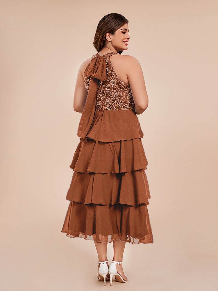 A Line Halter Delicate Beaded Top Layered Chiffon Mother of the Bride Dress