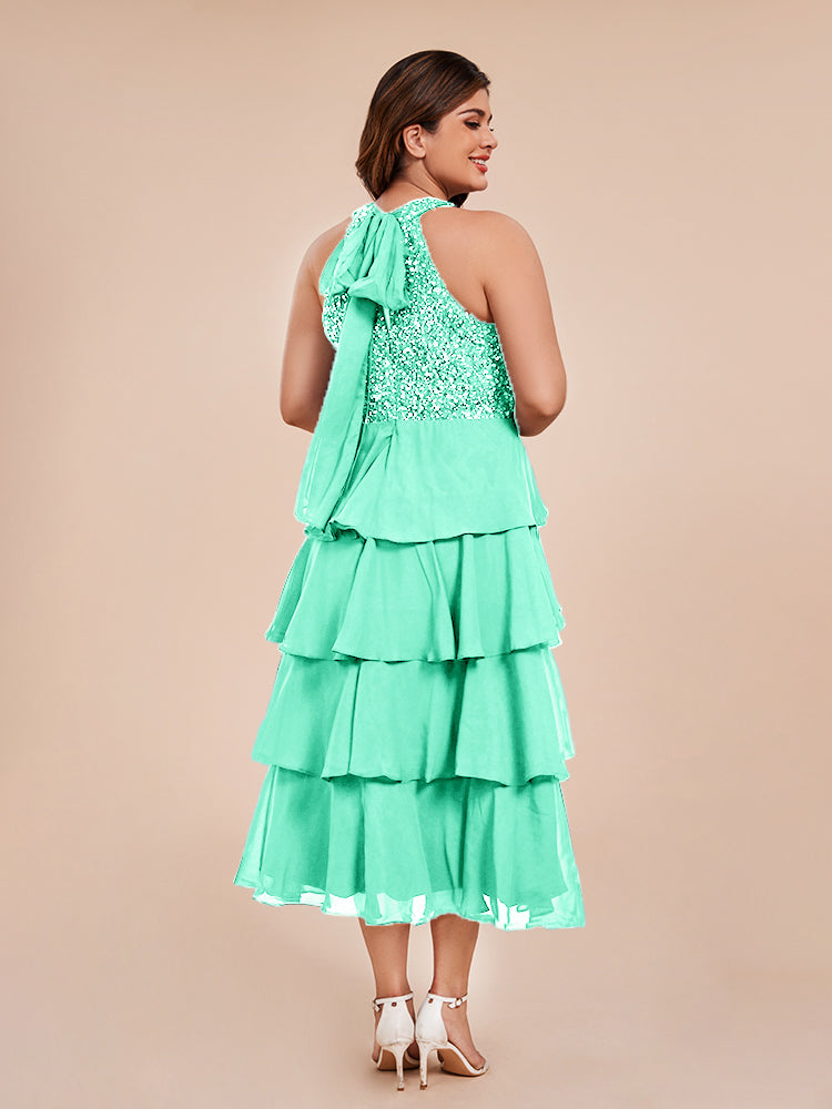 A Line Halter Delicate Beaded Top Layered Chiffon Mother of the Bride Dress