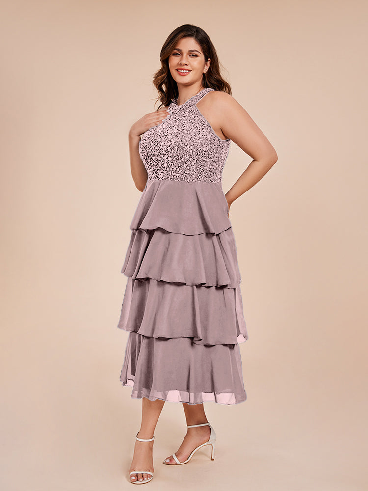 A Line Halter Delicate Beaded Top Layered Chiffon Mother of the Groom Dress