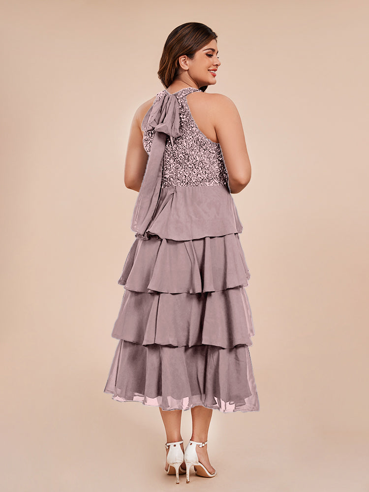 A Line Halter Delicate Beaded Top Layered Chiffon Mother of the Groom Dress