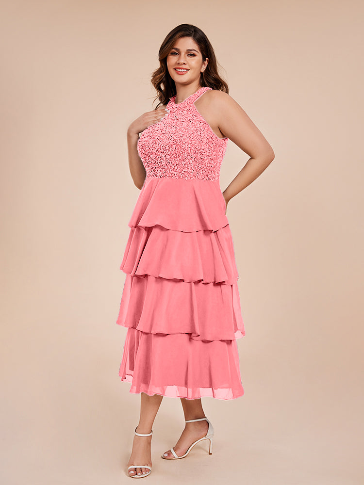 A Line Halter Delicate Beaded Top Layered Chiffon Mother of the Bride Dress