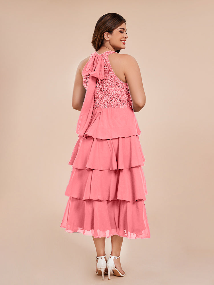 A Line Halter Delicate Beaded Top Layered Chiffon Mother of the Bride Dress