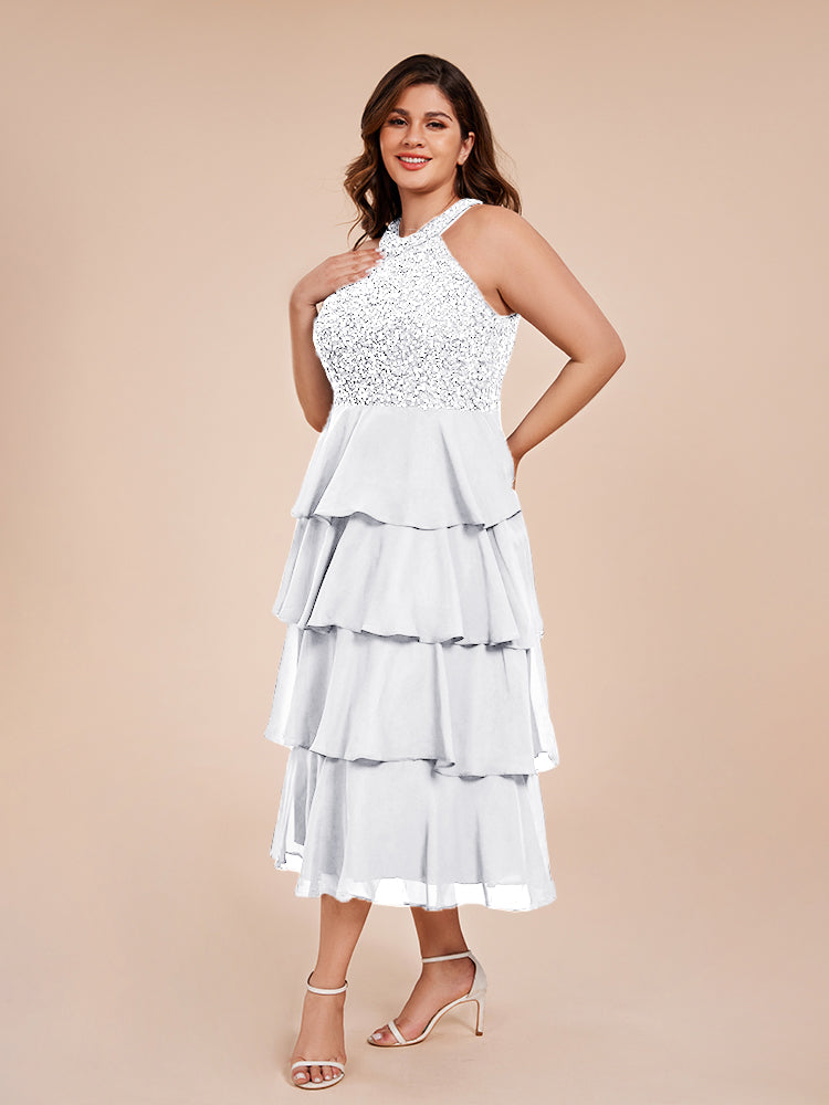A Line Halter Delicate Beaded Top Layered Chiffon Mother of the Bride Dress