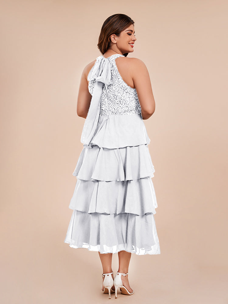 A Line Halter Delicate Beaded Top Layered Chiffon Mother of the Bride Dress