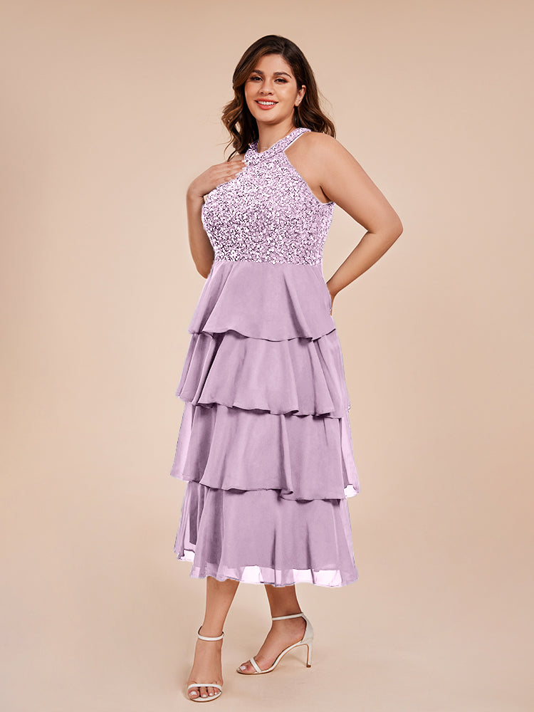 A Line Halter Delicate Beaded Top Layered Chiffon Mother of the Bride Dress