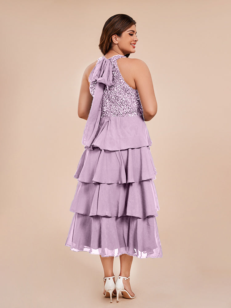 A Line Halter Delicate Beaded Top Layered Chiffon Mother of the Bride Dress